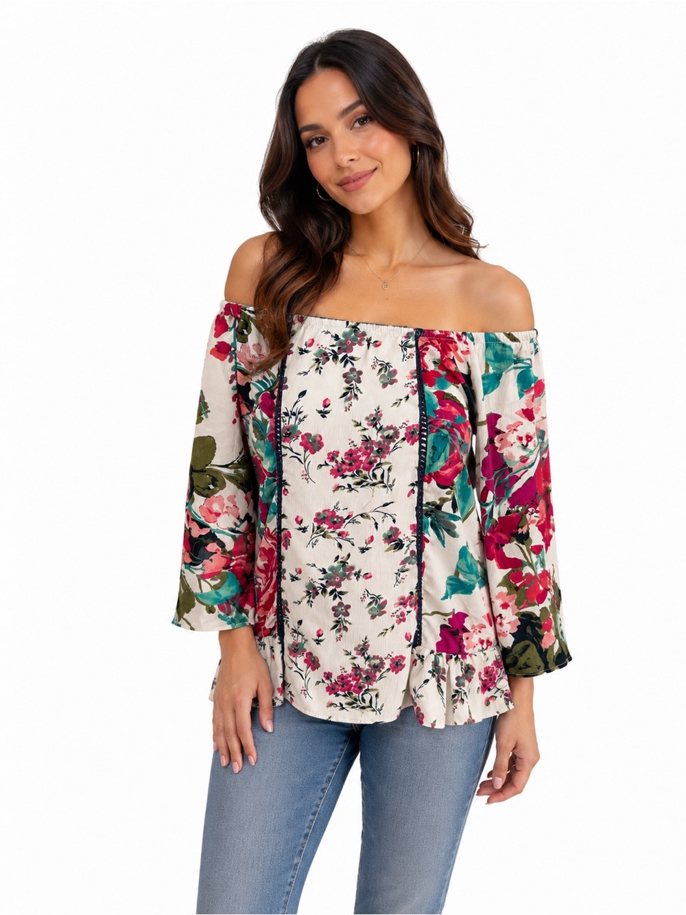 Figueroa & Flower Bohemian Floral Off-Shoulder Peasant Top - Cream/Pink